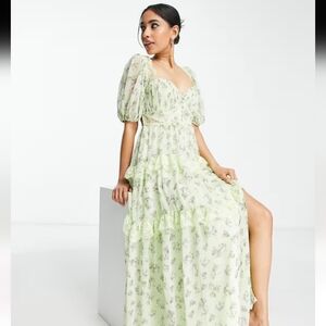 Asos Design Petite Open Back Lace Midi Tea Dress Green Floral